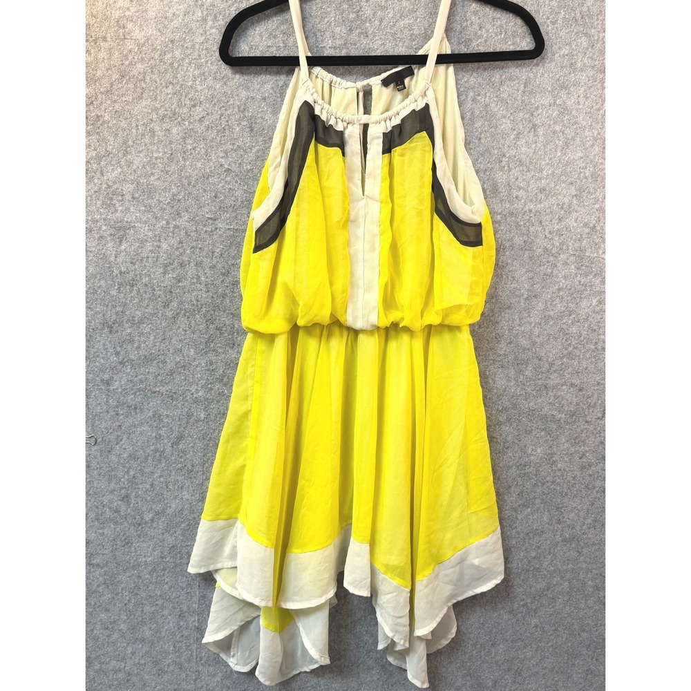 Yellow Chiffon Handkerchief Hem Halter Dress Women L Sleeveless Colorblock
